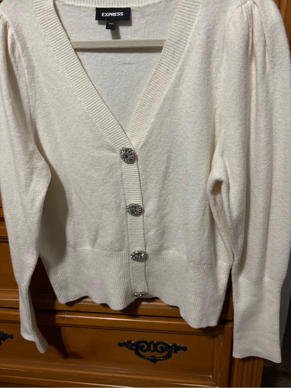 Express Cream V-Neck Jeweled Button Cardigan